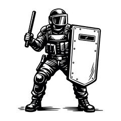 Obraz premium Police officer wearing tactical gear, helmet, and body armor, holding a protective shield and a baton