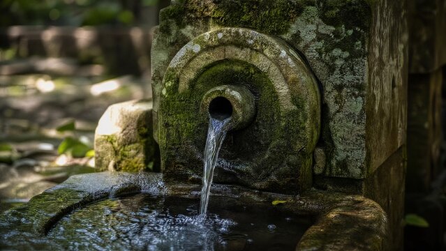 wellhead. Close-up of an ancient mossy stone wellhead with water flowing into a basin. real-estate listings.
