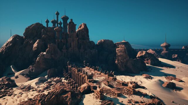 desert fortress on coastal dunes ancient towers rise from jagged rock under teal sky windswept sand patterns distant ocean horizon cinematic golden light