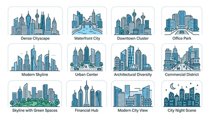 Obraz premium Illustrations of Various City Skylines and Urban Scenes