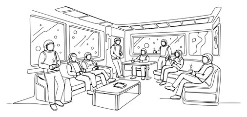 Fototapeta premium Astronauts Relaxing in Spaceship Common Room One Line Art, Sci-Fi Space Station Interior Vector Illustration, Astronaut Life and Exploration