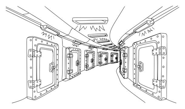 Futuristic Spaceship Corridor with Airtight Bulkhead Doors, Industrial Interior Hallway One Line Drawing Vector, Sci-Fi Laboratory or Submarine Hatch Perspective