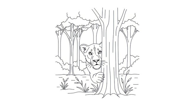 Line drawing of a tiger partially obscured by trees in a forested scene