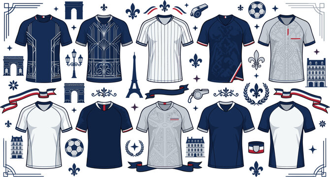 France football jersey kit mockup vector set with Paris architectural landmarks fleur de lis ornaments tricolor ribbons and sports elements