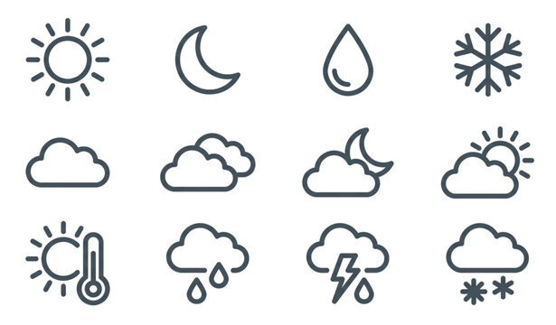 Weather forecast and meteorology climate conditions editable stroke line icons set isolated on white background flat vector illustration pixel perfect