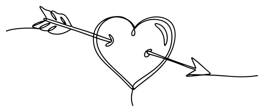 Heart Pierced by Cupid's Arrow One Line Art Vector Illustration, Romantic Love Symbol for Valentine's Day Design