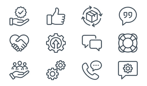 Customer support and business core values editable stroke line icons set isolated on white background flat vector illustration pixel perfect