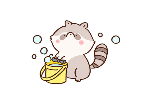 Raccoon washing and wringing a cleaning rag in a bucket, cleanliness or chores concept