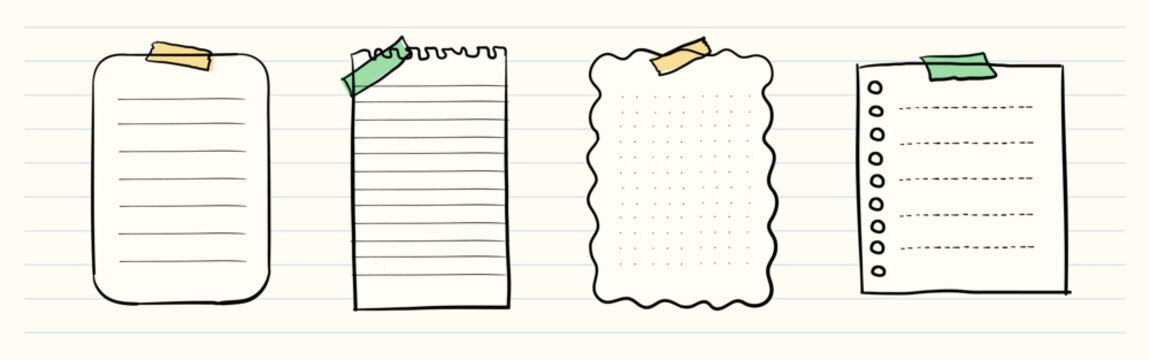 Vector illustration of four lined paper sheets with colorful tape on a lined background.