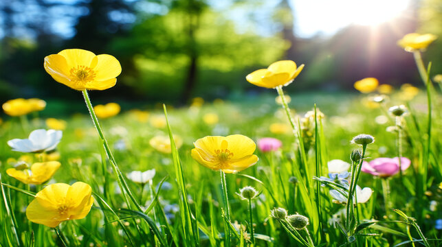 Wild yellow buttercup flowers in a sunny meadow during spring season with buttercup