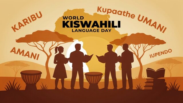 World kiswahili language day celebration poster with african landscape silhouette, people reading books, and traditional drums