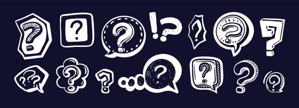 Doodle question mark set. Vector hand drawn comic collection and speech bubbles. Sketch style icon perfect for quiz design and question themed project. Vector scribble texture graphic symbol