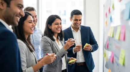 Obraz premium International Corporate Design Workshop: Attractive Indian Colleagues Collaborating at Whiteboard in Clean Daylight Office