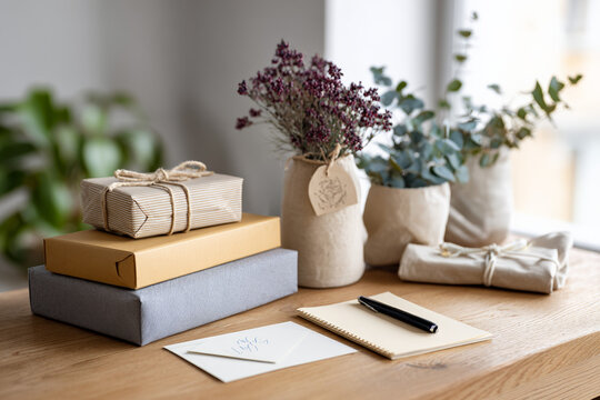 Stacked gift boxes and dried flowers arranged on wooden table