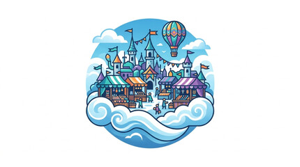 Whimsical fantasy castle with hot air balloon and clouds. © Camy