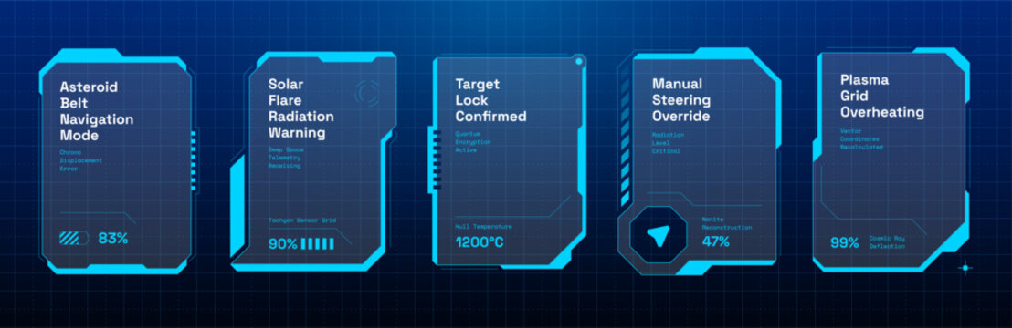 Cyberpunk HUD game UI screen frame template. Neon blue futuristic digital border panel design vector. Virtual reality sci fi technical monitor dashboard layout display graphic.
