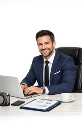 Fototapeta premium Man in suit smiles while typing on laptop at desk. White coffee cup, clipboard, pen holder nearby. Clean background. Professional business setting. Clear focus on person and work tools