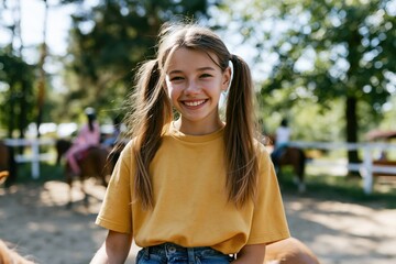 Fototapeta premium Portrait of smiling girl in yellow shirt on a pony at a riding stable for youth equestrian activity banner and outdoor summer background