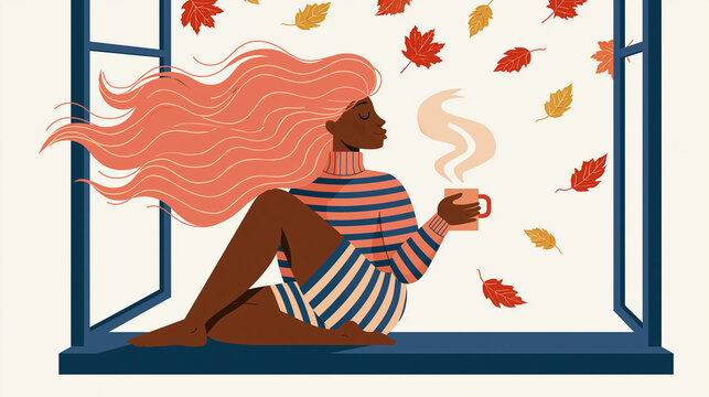 A flat vector portrait showing a woman resting by a window, enjoying a hot drink, with autumn leaves drifting past in a stylized, artistic representation.