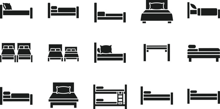 Collection of Black Bed Silhouettes Featuring Single, Double, and Bunk Designs with Headboards and Pillows