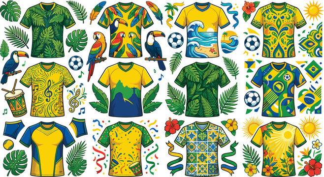 Brazil football jersey kit mockup and cultural graphic elements set with tropical parrots leaves beach waves and traditional festive patterns