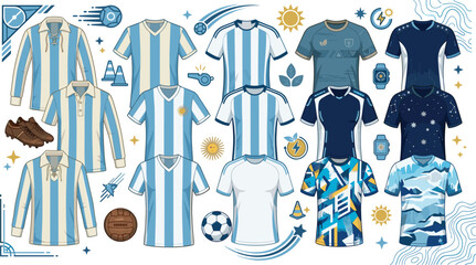 Argentina football shirt evolution history vector set with retro vintage lace up jerseys modern kits soccer balls and training equipment elements © Sujon Shah