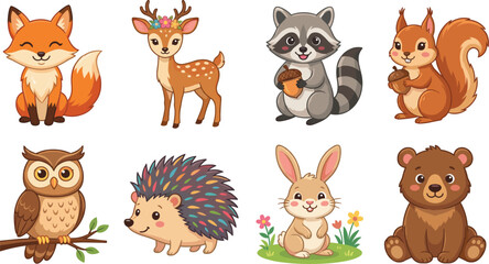 Cute woodland animal collection featuring cartoon fox deer raccoon squirrel owl hedgehog rabbit and bear cub vector set © Manik
