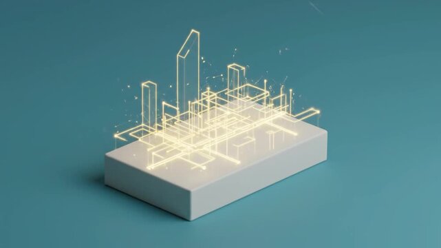 A glowing golden wireframe city grows and evolves from a simple white block on a teal surface, with shimmering particles floating around the emerging architectural structure.