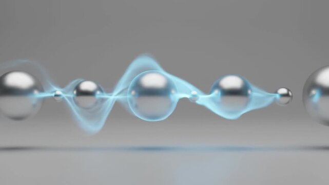 A futuristic animation of metallic spheres connected by a pulsing blue energy wave as it travels across them on a neutral gray plane.