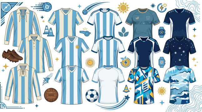 Argentina football shirt evolution history vector set with retro vintage lace up jerseys modern kits soccer balls and training equipment elements