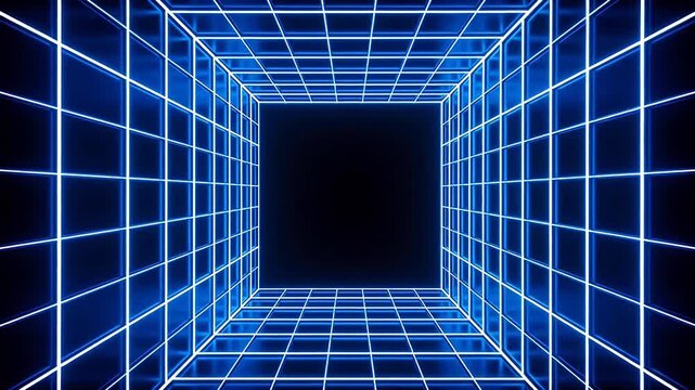 Blue neon grid tunnel perspective