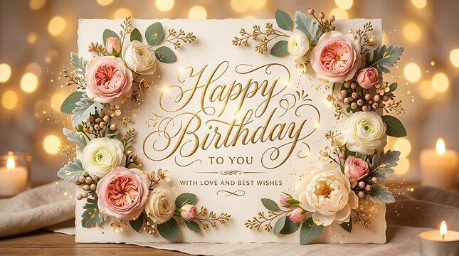 Elegant happy birthday card with flowers and candles on a table with bokeh lights