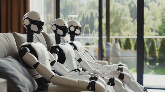 "Photorealistic humanoid AI robot family relaxing in modern home living room"