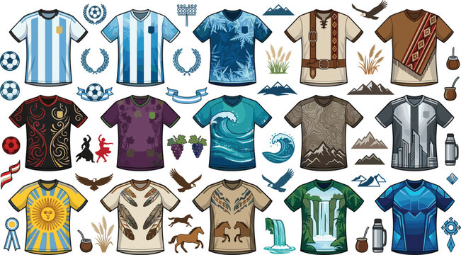 Football jersey kit mockup and South American cultural graphic element set with soccer shirts traditional motifs nature patterns and ornaments
