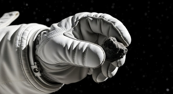 Close up of an astronaut in a white spacesuit glove holding a dark meteorite. Extraterrestrial rock sample in outer space