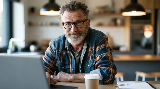 Mann mitte 50 sitzt am Laptop zuhause und macht homeoffice