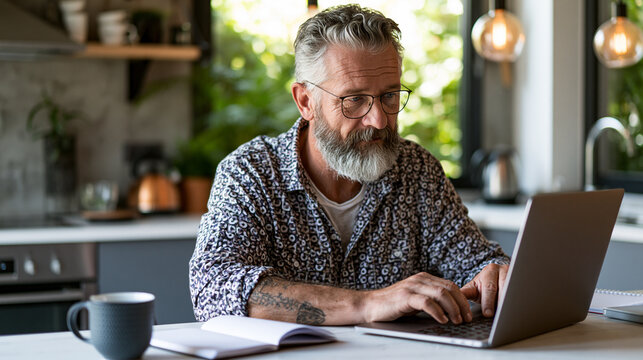 Mann mitte 50 sitzt am Laptop zuhause und macht homeoffice