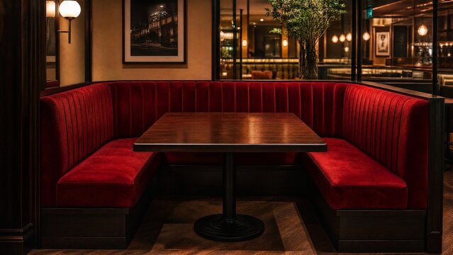 U-shaped banquette seating with red velvet in a warmly lit, empty restaurant corner.