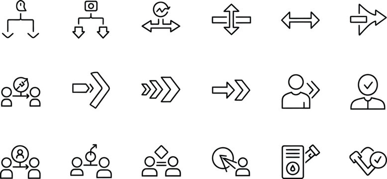 Business management workflow and data direction linear icons set representing corporate processing structure human resource delegation and strategic management concepts