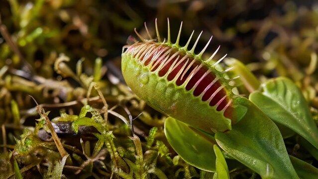 Venus flytrap plant with closed leaves in its natural environment.