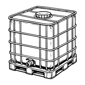 IBC tote container in line art style, used for transporting and storing chemicals, water, or other industrial liquids