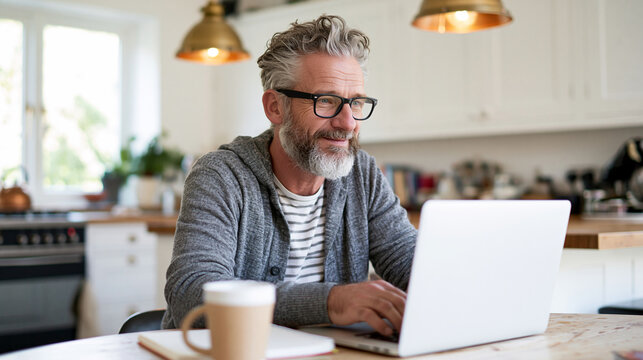 Mann mitte 50 sitzt am Laptop zuhause und macht homeoffice