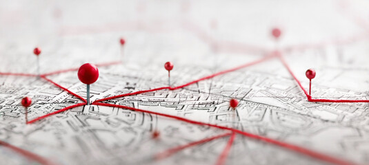 Obraz premium Close-up of a city map with red push pins connected by red thread, illustrating a network of locations, routes, logistics, planning, navigation, travel, business connections, geographic data