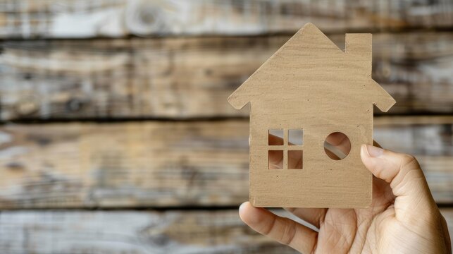 A hand holds a wooden house model against a rustic wooden backdrop.