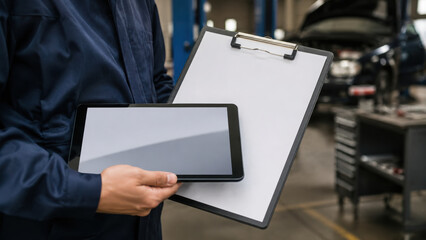 Mechanic holding tablet clipboard in auto repair workshop service inspection concept, focused professional planning vehicle maintenance work