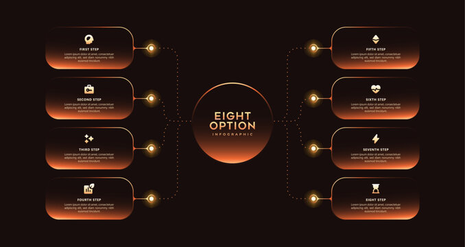 Modern infographic template 8 option for business presentations, reports, data visualization, workflow layout, process diagrams, marketing analytics, fintech concepts, flowcharts, strategic planning.