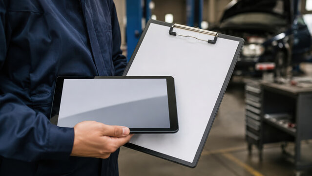 Mechanic holding tablet clipboard in auto repair workshop service inspection concept, focused professional planning vehicle maintenance work