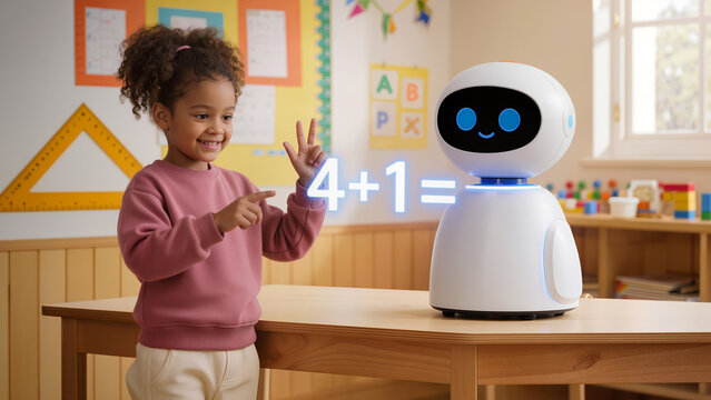 Girl counting fingers with robot math tutor in classroom. Interactive addition lesson. Early numeracy education.