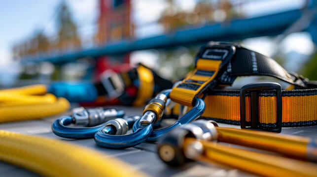 Close-up still of bungee jumping safety equipment laid out on a surface &mdash; harness straps carabiners ankle attachments and bungee cord, defocused outdoor platform background,