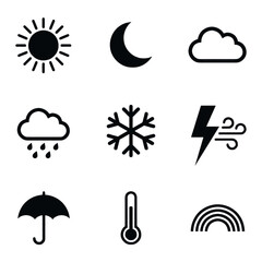 Naklejka premium Collection of weather icons representing different meteorological conditions and phenomena.